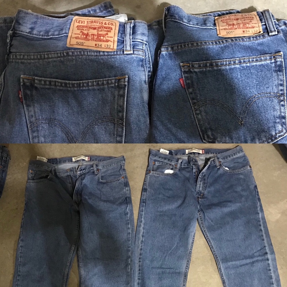 Two pairs of gently worn blue jeans. No holes.